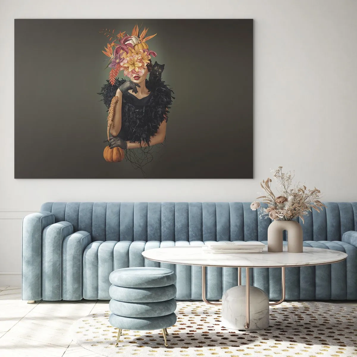 Cuadro sobre vidrio - Impresiones sobre Vidrio - Figura de una mujer de negro con una calabaza, un gato y un arreglo floral. - 120x80cm - Hechizo de bruja - Decoración de pared moderna para salón y dormitorio ARTTOR