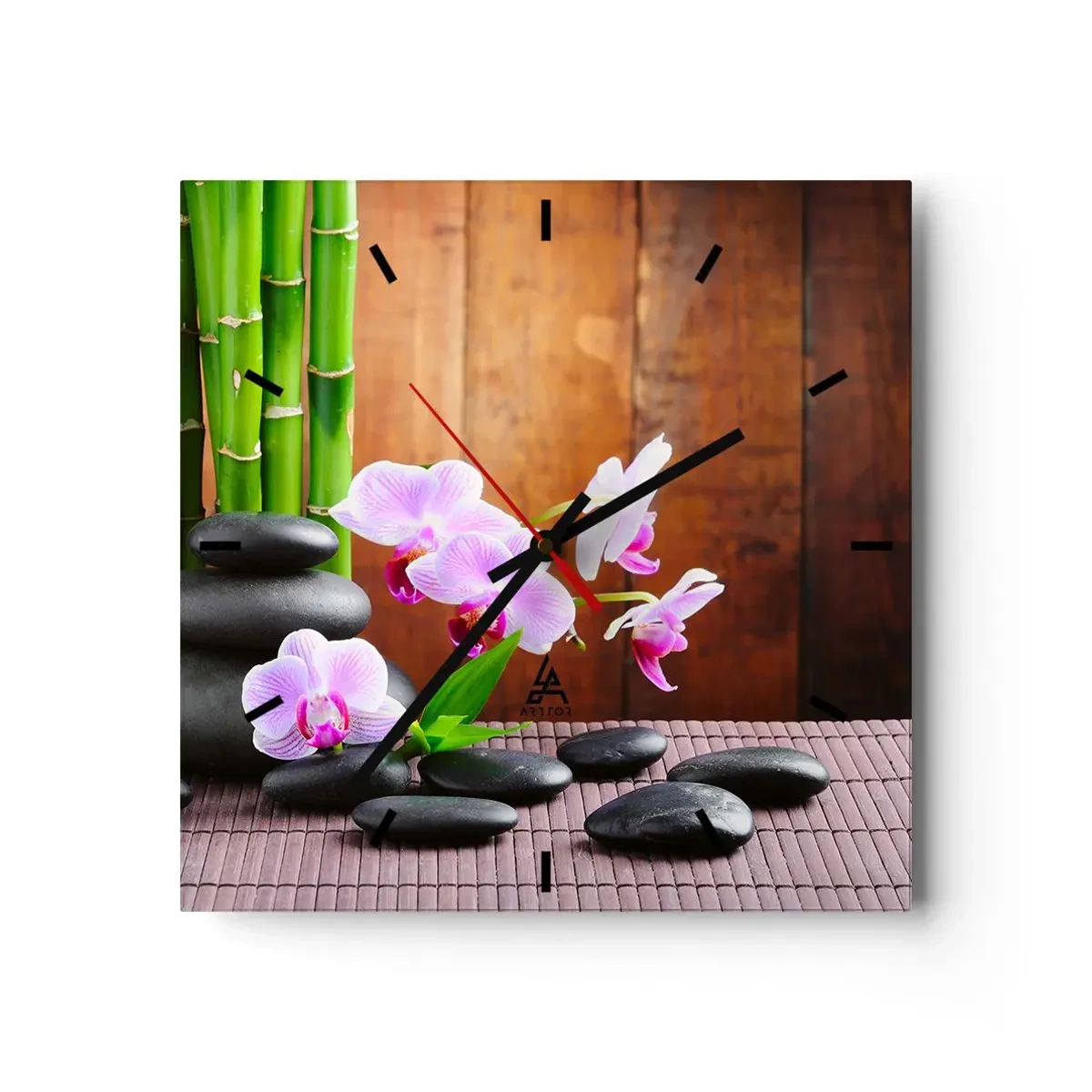 Reloj de pared - Reloj de vidrio - Bambú de estilo zen, piedras y orquídeas rosas sobre un fondo de madera. - 30x30cm - Experimente los placeres de Oriente - Decoración de pared moderna para salón y dormitorio ARTTOR