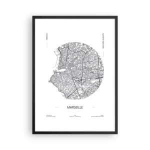Póster en marco negro - Mapa minimalista de Marsella en un círculo - 50x70cm - Anatomía de Marsella - Decoración de pared moderna para salón y dormitorio ARTTOR