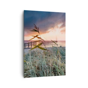 Cuadro sobre lienzo - Impresión de Imagen - Playa al atardecer con hierbas en primer plano - 70x100cm - Bailando con el viento - Decoración de pared moderna para salón y dormitorio ARTTOR