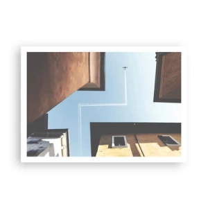 Póster - Vista del avión y su estela en el cielo desde una perspectiva callejera. - 100x70cm - Por encima del laberinto urbano - Decoración de pared moderna para salón y dormitorio ARTTOR