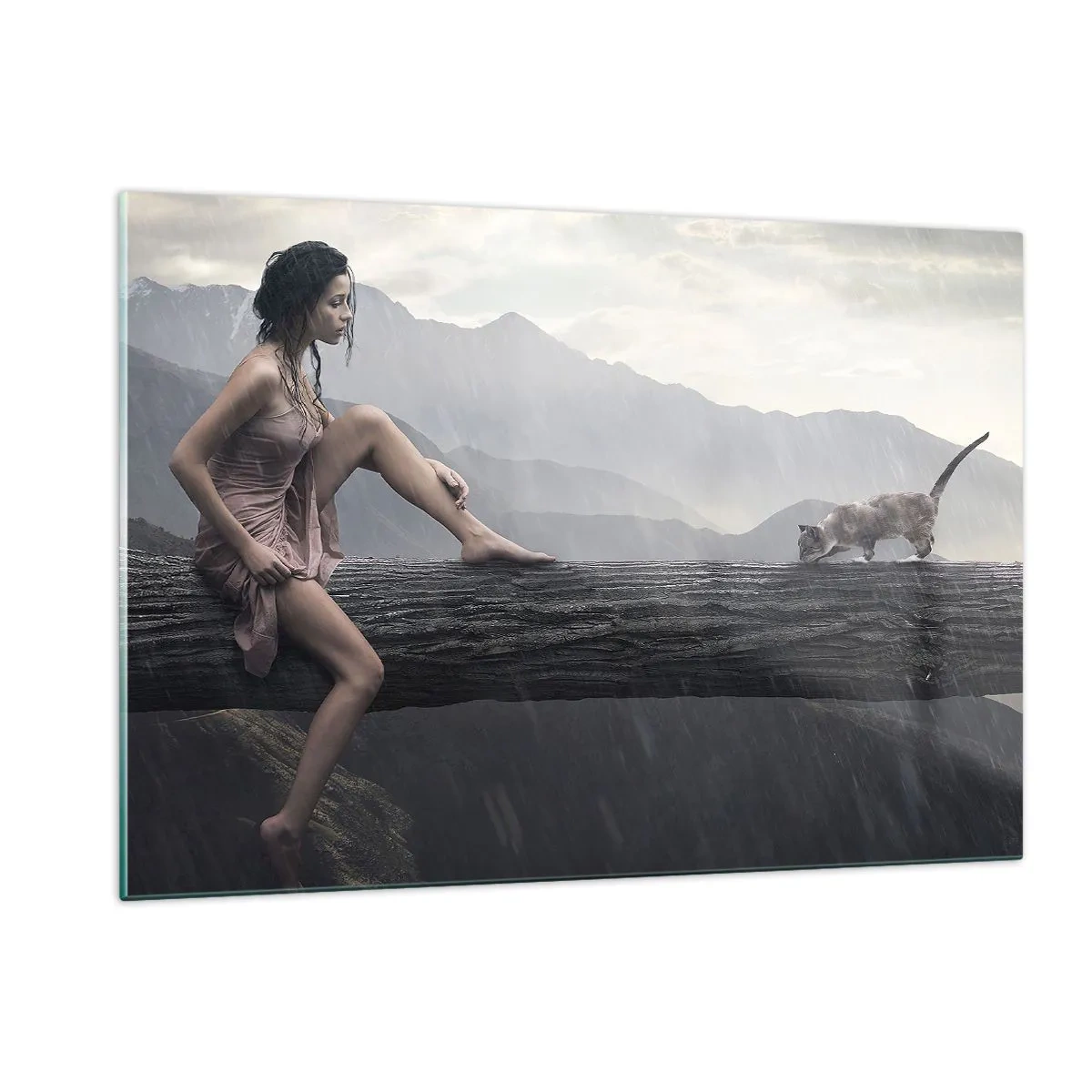 Cuadro sobre vidrio - Impresiones sobre Vidrio - Una mujer y un gato en un tronco de madera en un paisaje lluvioso. - 120x80cm - Picos de belleza - Decoración de pared moderna para salón y dormitorio ARTTOR