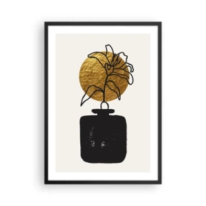 Póster en marco negro - Composición abstracta con una flor y un círculo dorado. - 50x70cm - Belleza en equilibrio - Decoración de pared moderna para salón y dormitorio ARTTOR