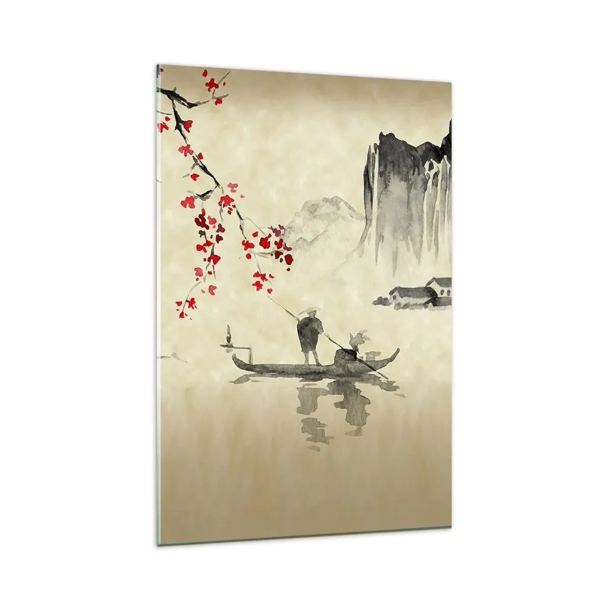 Cuadro sobre vidrio - Impresiones sobre Vidrio - Ilustración oriental con un barco y una rama floreciente. - 80x120cm - En el país de los cerezos en flor - Decoración de pared moderna para salón y dormitorio ARTTOR