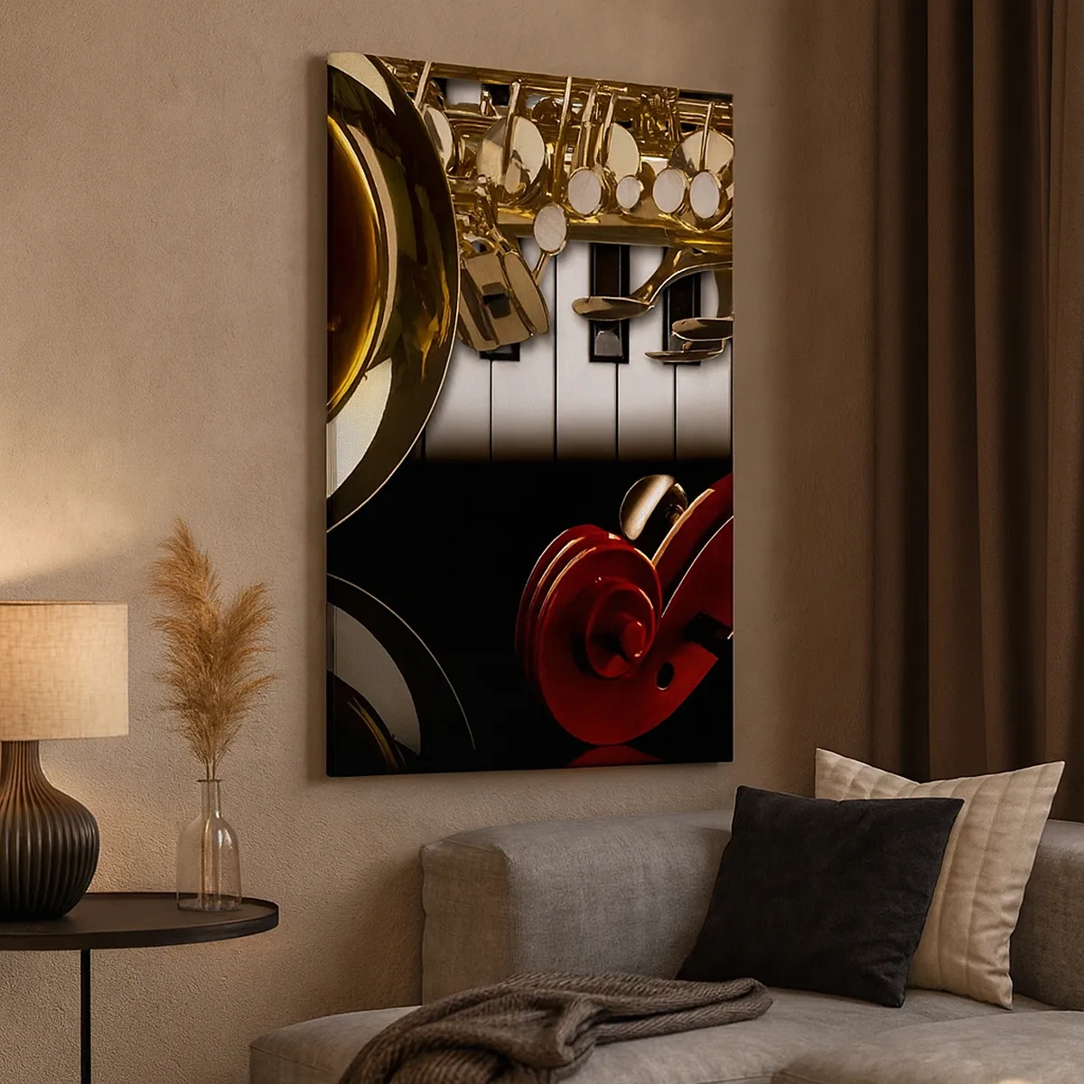 Cuadro sobre lienzo - Impresión de Imagen - Un saxofón dorado, teclas de piano y un violín rojo. - 50x70cm - Chapa, madera y marfil - Decoración de pared moderna para salón y dormitorio ARTTOR