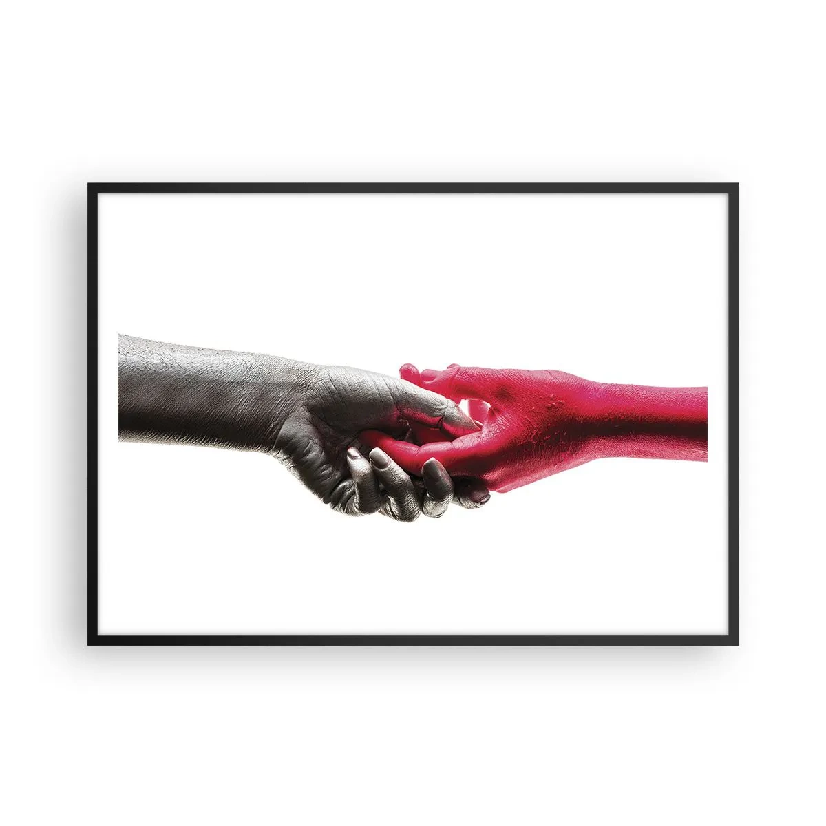 Póster en marco negro - Manos simbólicas en plata y rojo. - 100x70cm - Juntos, aunque diferentes - Decoración de pared moderna para salón y dormitorio ARTTOR