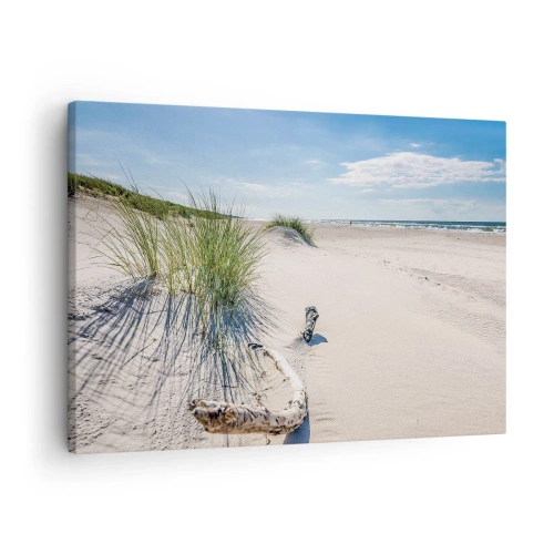 Cuadro sobre lienzo - Impresión de Imagen - Una playa báltica con arena, césped y un cielo azul tranquilo. - 70x50cm - ¿La más bella? Báltico - Decoración de pared moderna para salón y dormitorio ARTTOR