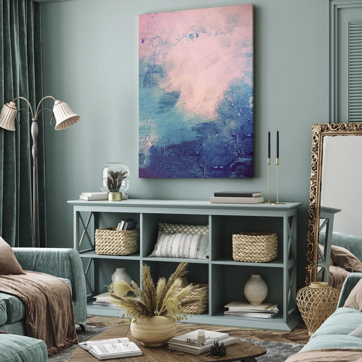 Cuadro sobre lienzo - Impresión de Imagen - Textura abstracta en tonos rosa y azul. - 50x70cm - Abrazo azul - Decoración de pared moderna para salón y dormitorio ARTTOR