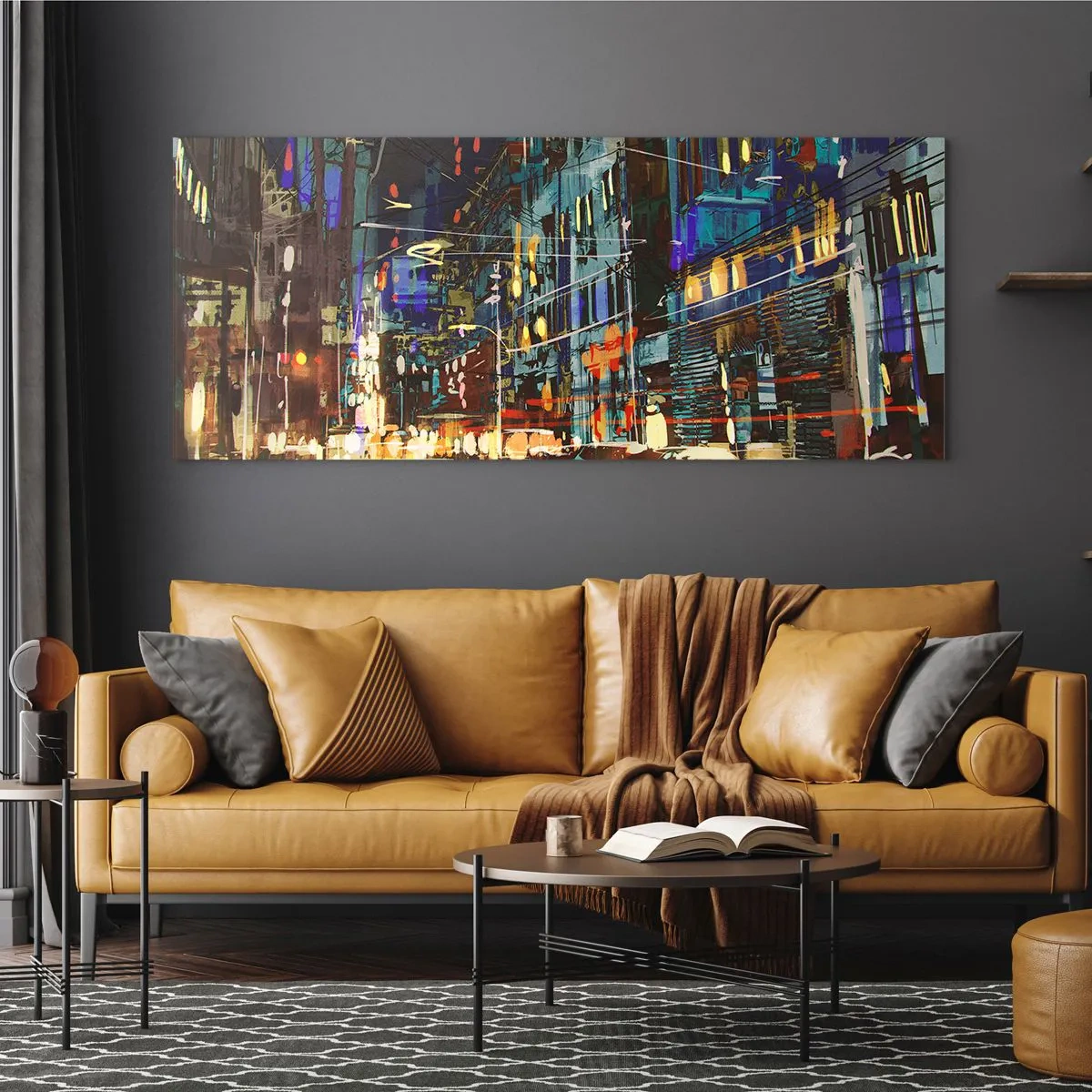 Cuadro sobre vidrio - Impresiones sobre Vidrio - Escena nocturna de la ciudad con luces de neón - 160x50cm - El bullicio nocturno de la calle - Decoración de pared moderna para salón y dormitorio ARTTOR