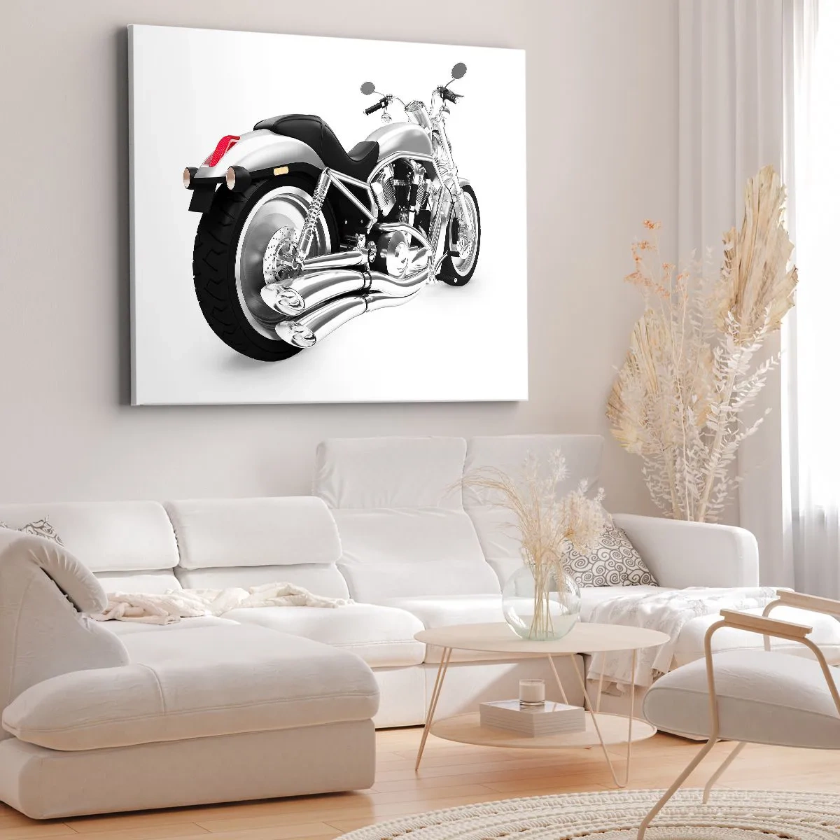 Cuadro sobre lienzo - Impresión de Imagen - Motocicleta cromada sobre fondo blanco - 70x50cm - Sueño de un coleccionista - Decoración de pared moderna para salón y dormitorio ARTTOR