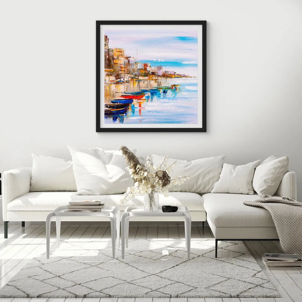 Póster en marco negro - Puerto urbano multicolor - 60x60 cm