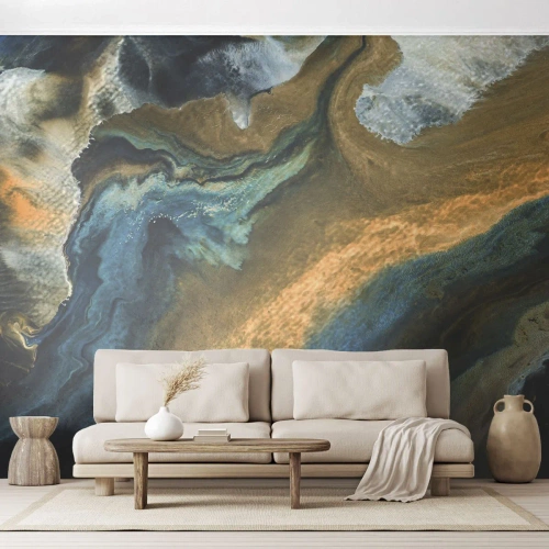 Fotomural Premium Sand - Azul - amarillo - influencia mutua - Abstracción, Pedazo, Gráficos - 300x210 cm