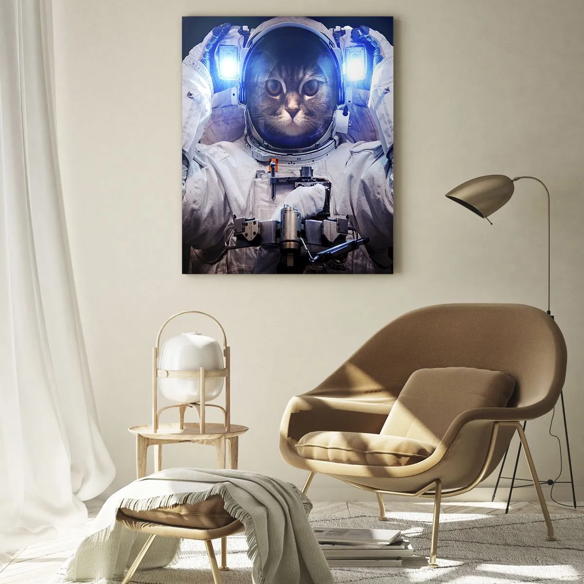 Cuadro sobre vidrio - Impresiones sobre Vidrio - Un gato en un traje de astronauta con la Tierra al fondo y una luz brillante. - 70x100cm - Houston, tienes un problema. - Decoración de pared moderna para salón y dormitorio ARTTOR