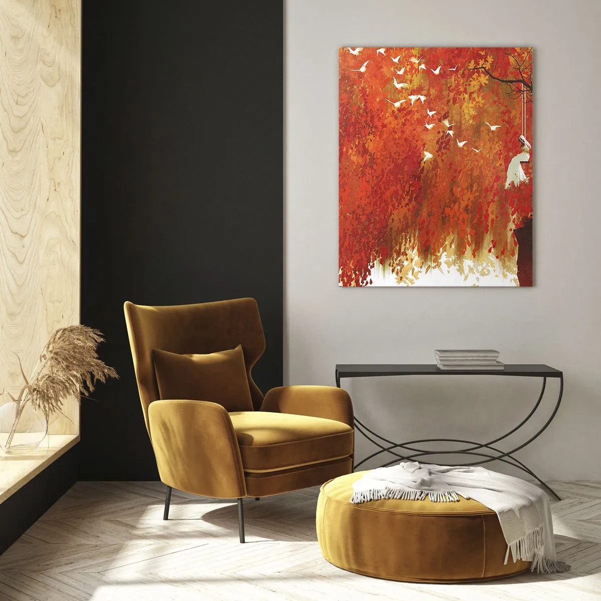Cuadro sobre vidrio - Impresiones sobre Vidrio - Hojas rojas, un árbol solitario y pájaros en una escena otoñal. - 50x70cm - ¿Volará con ellos? - Decoración de pared moderna para salón y dormitorio ARTTOR