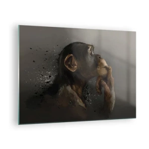 Cuadro sobre vidrio - Impresiones sobre Vidrio - Un mono pensativo sobre un fondo oscuro con efecto de salpicaduras. - 70x50cm - La evolución del pensador - Decoración de pared moderna para salón y dormitorio ARTTOR