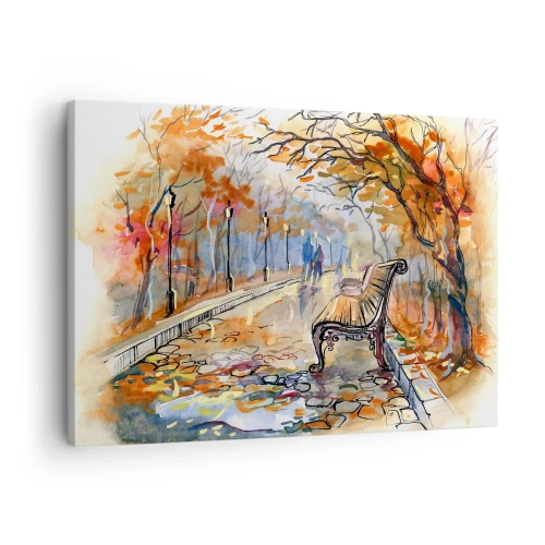 Cuadro sobre lienzo - Impresión de Imagen - Un parque otoñal con un banco en acuarela. - 70x50cm - Caminemos juntos hacia el otoño - Decoración de pared moderna para salón y dormitorio ARTTOR