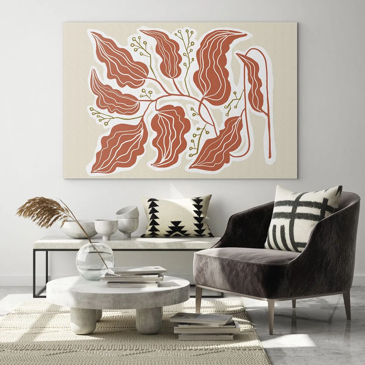 Cuadro sobre vidrio - Impresiones sobre Vidrio - Hojas de coral con un patrón folklórico sobre un fondo claro. - 70x50cm - Folk y coral - Decoración de pared moderna para salón y dormitorio ARTTOR