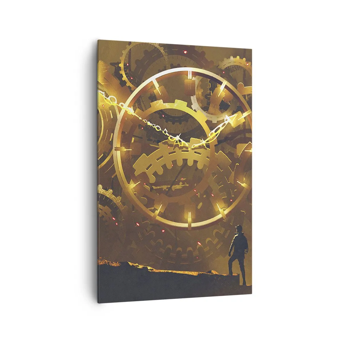 Cuadro sobre lienzo - Impresión de Imagen - Engranajes dorados en un entorno surrealista con una figura - 80x120cm - En la fuente del tiempo - Decoración de pared moderna para salón y dormitorio ARTTOR