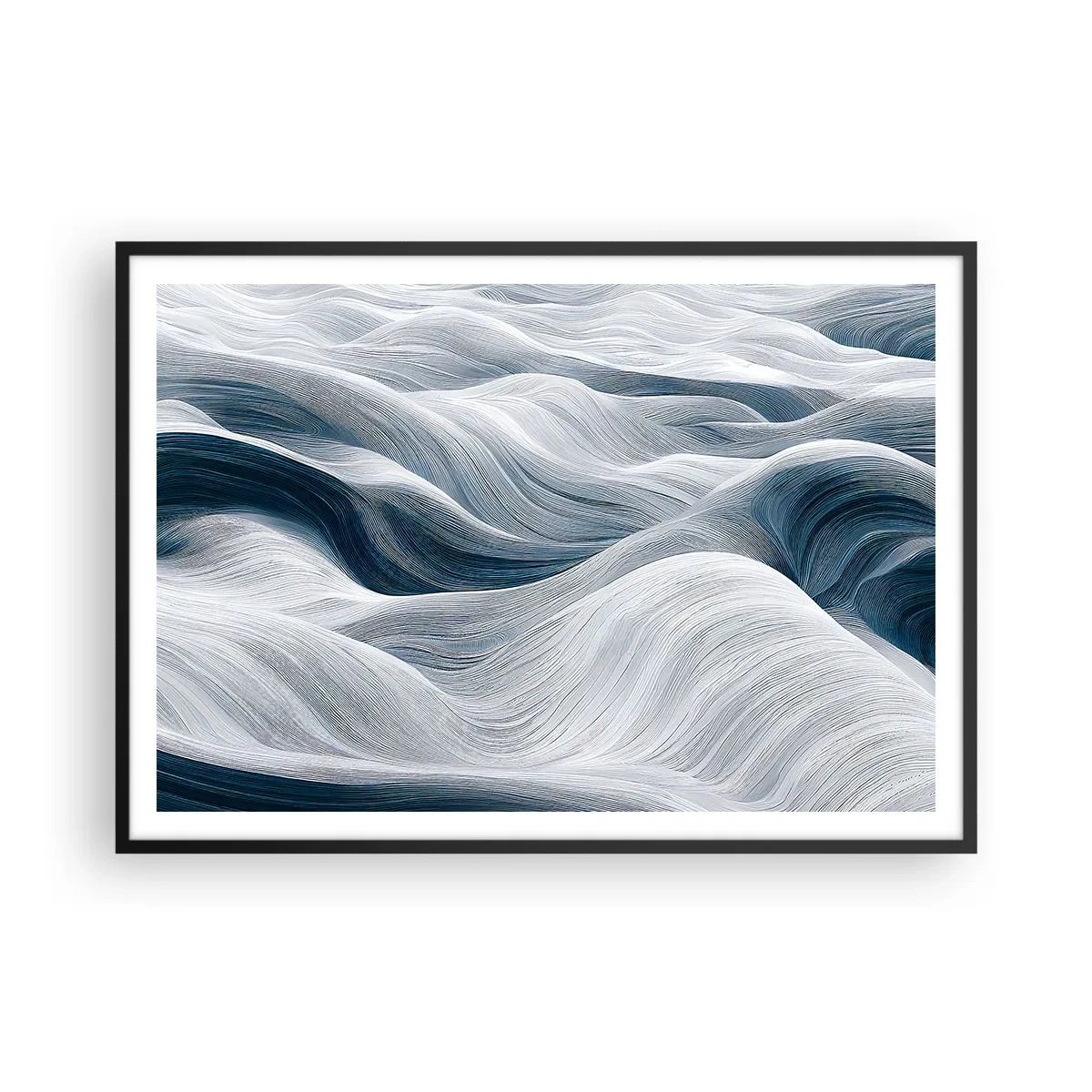 Póster en marco negro - Líneas onduladas en tonos azules y blancos. - 100x70cm - Olas blancas y azules - Decoración de pared moderna para salón y dormitorio ARTTOR