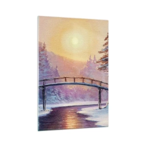 Cuadro sobre vidrio - Impresiones sobre Vidrio - Paisaje invernal con un puente iluminado por el atardecer. - 70x100cm - Las cuatro estaciones: el invierno - Decoración de pared moderna para salón y dormitorio ARTTOR