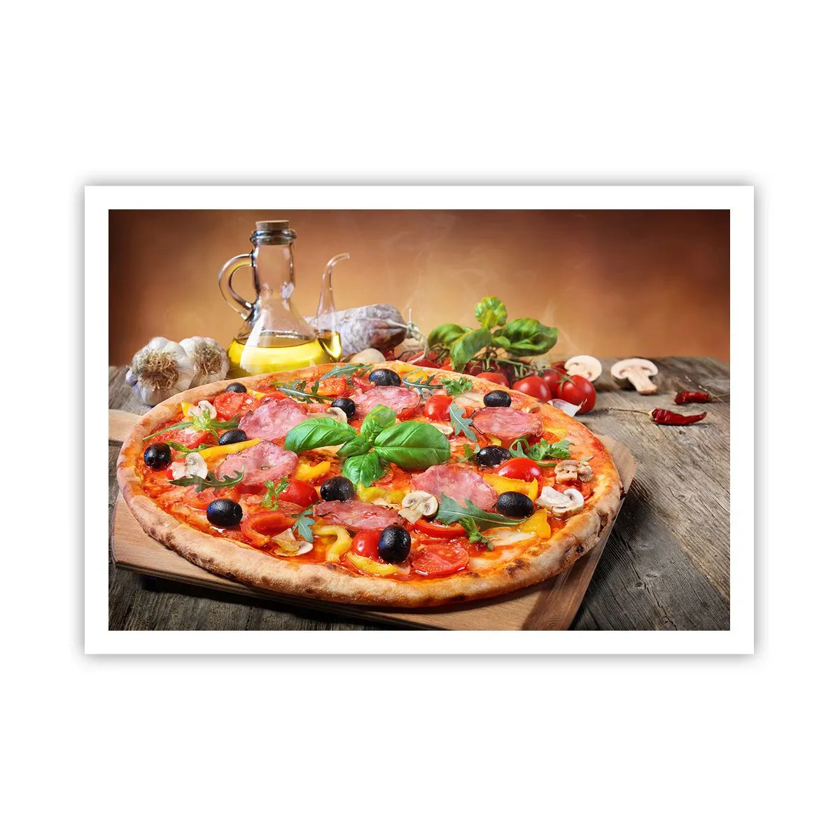 Póster - Deliciosa pizza en una mesa de madera con ingredientes. - 100x70cm - Con un verdadero sabor italiano - Decoración de pared moderna para salón y dormitorio ARTTOR