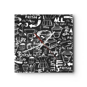 Reloj de pared - Reloj de vidrio - Gráficos de café elegantes sobre un fondo negro. - 30x30cm - All you need is… - Decoración de pared moderna para salón y dormitorio ARTTOR