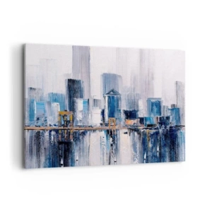 Cuadro sobre lienzo - Impresión de Imagen - Panorama abstracto de la ciudad con tonos de azul y amarillo - 120x80cm - Impresión neoyorquina - Decoración de pared moderna para salón y dormitorio ARTTOR