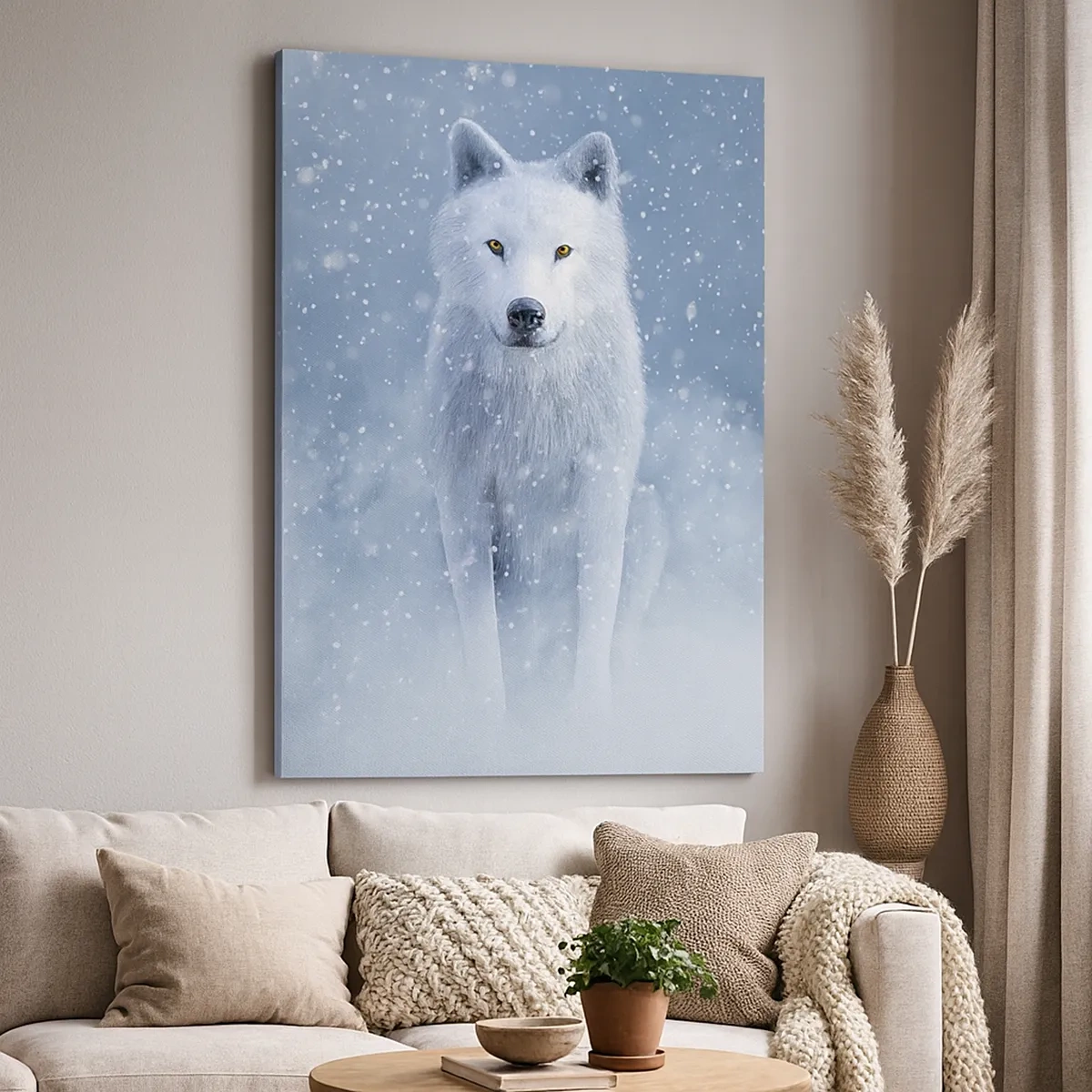Cuadro sobre lienzo - Impresión de Imagen - Lobo blanco en un paisaje nevado - 50x70cm - El espíritu del invierno - Decoración de pared moderna para salón y dormitorio ARTTOR