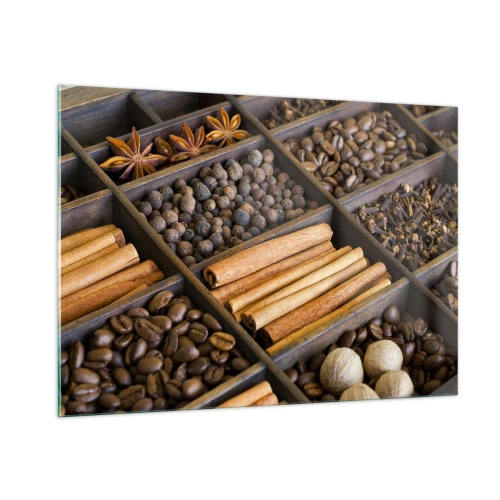 Cuadro sobre vidrio - Impresiones sobre Vidrio - Especias en compartimentos de madera - 100x70cm - Un tesoro de aromas - Decoración de pared moderna para salón y dormitorio ARTTOR