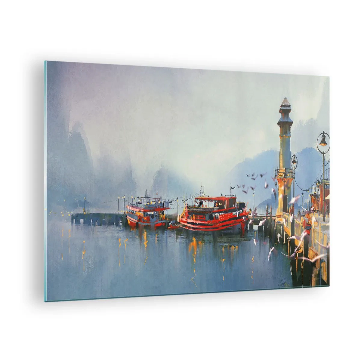 Cuadro sobre vidrio - Impresiones sobre Vidrio - Un puerto con barcos rojos, un faro y pájaros con las montañas como telón de fondo. - 70x50cm - En el fin del mundo - Decoración de pared moderna para salón y dormitorio ARTTOR