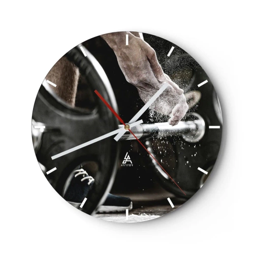 Reloj de pared - Reloj de vidrio - Mancuerna y mano durante el entrenamiento - 30x30cm - ¡Reto aceptado! - Decoración de pared moderna para salón, cocina y dormitorio ARTTOR