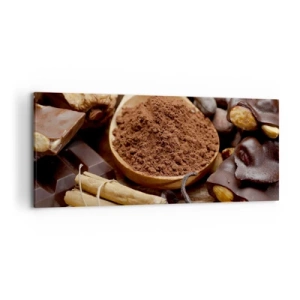Cuadro sobre lienzo - Impresión de Imagen - Una cucharada de ingredientes de cacao y chocolate en un arreglo rústico. - 120x50cm - Lo mejor para las penas - Decoración de pared moderna para salón y dormitorio ARTTOR