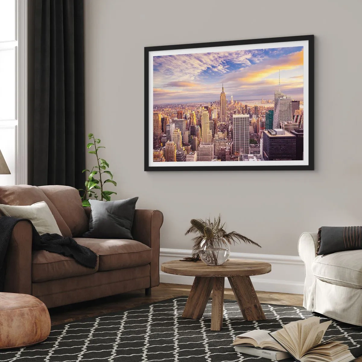 Póster en marco negro - Panorama de una ciudad moderna con rascacielos al atardecer - 100x70cm - Alcanzar las nubes - Decoración de pared moderna para salón y dormitorio ARTTOR