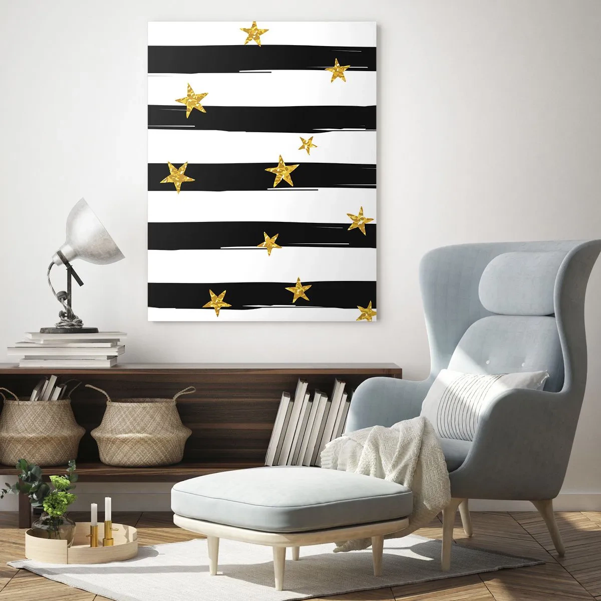 Cuadro sobre vidrio - Impresiones sobre Vidrio - Rayas blancas y negras con estrellas doradas - 50x70cm - Todos hemos nacido bajo una estrella de la suerte - Decoración de pared moderna para salón y dormitorio ARTTOR
