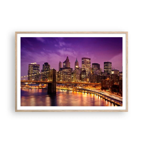 Póster en marco roble claro - Manhattan púrpura y dorado - 100x70 cm