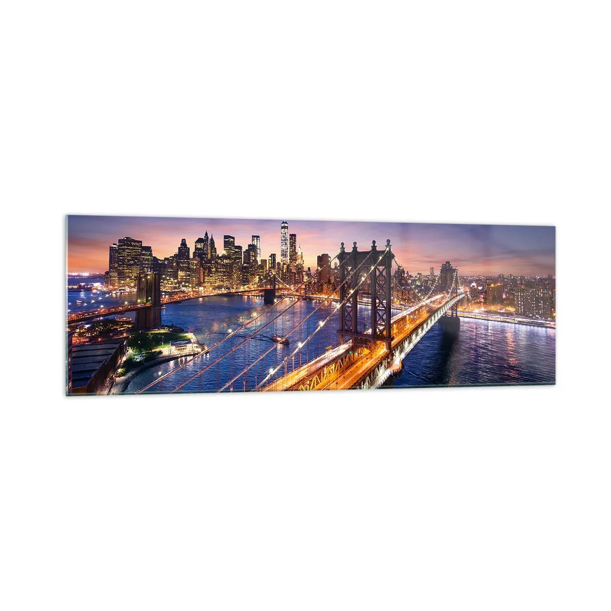 Cuadro sobre vidrio - Impresiones sobre Vidrio - El puente y el panorama de la ciudad al atardecer. - 160x50cm - Un puente luminoso hacia el corazón de la ciudad - Decoración de pared moderna para salón y dormitorio ARTTOR