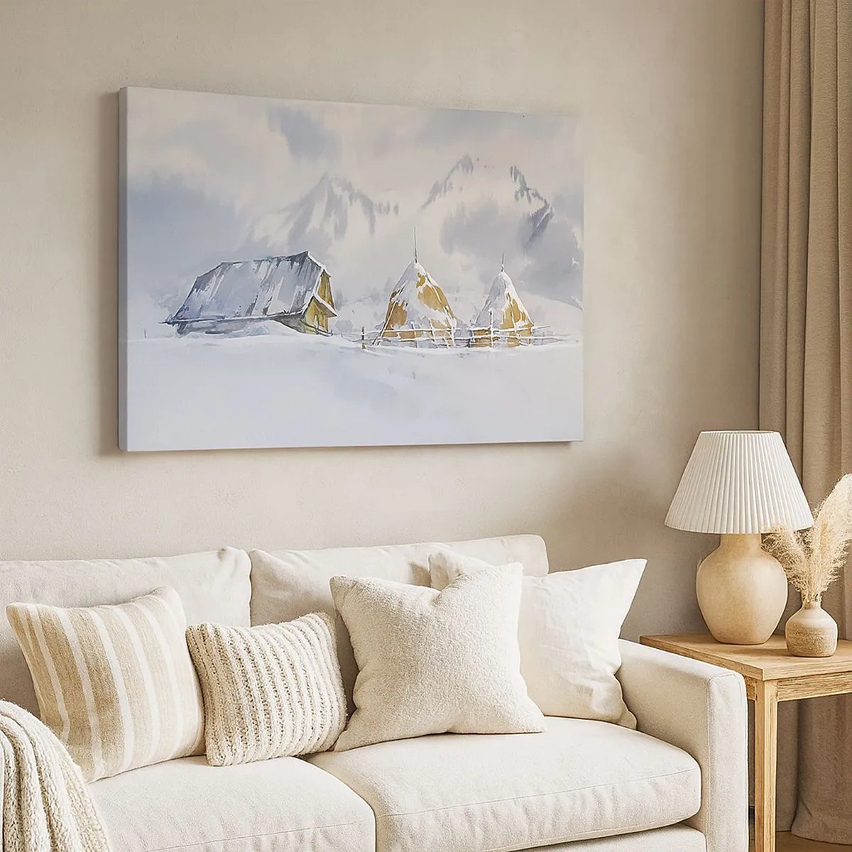 Cuadro sobre lienzo - Impresión de Imagen - Paisaje invernal con una cabaña y pajares en las montañas - 70x50cm - En un valle nevado - Decoración de pared moderna para salón y dormitorio ARTTOR
