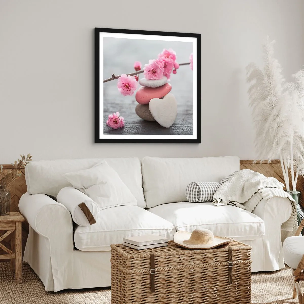 Póster en marco negro - Felicidad con la flor del cerezo - 50x50 cm