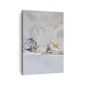 Cuadro sobre lienzo - Impresión de Imagen - Paisaje invernal con una cabaña y pajares en las montañas - 50x70cm - En un valle nevado - Decoración de pared moderna para salón y dormitorio ARTTOR