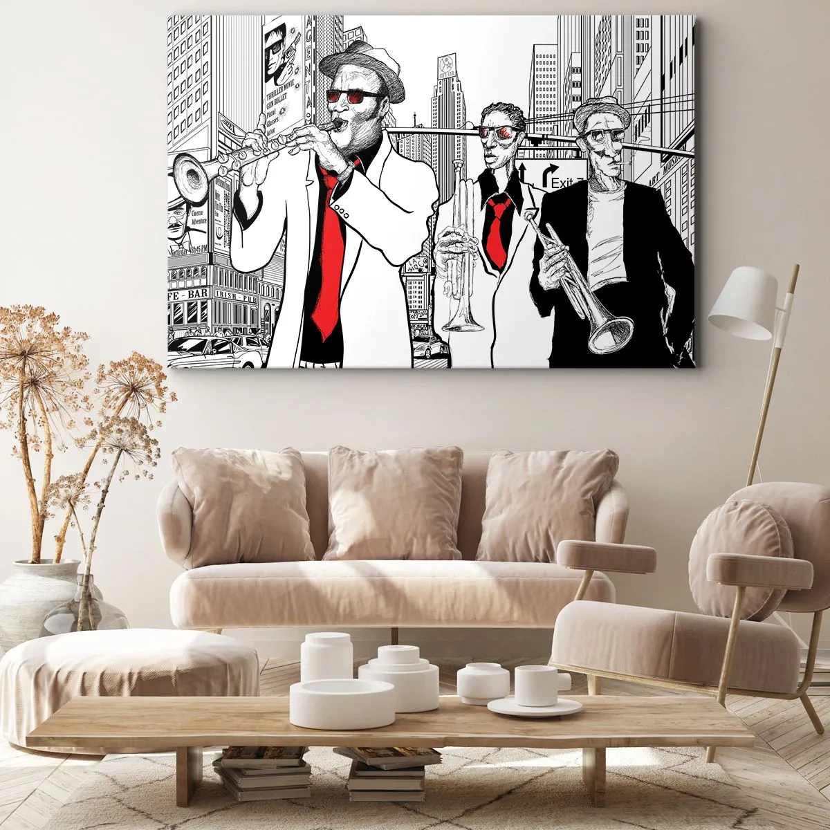 Cuadro sobre lienzo - Impresión de Imagen - Ilustración de músicos de jazz con un fondo urbano - 70x50cm - Rapsodia urbana en negro y rojo - Decoración de pared moderna para salón y dormitorio ARTTOR