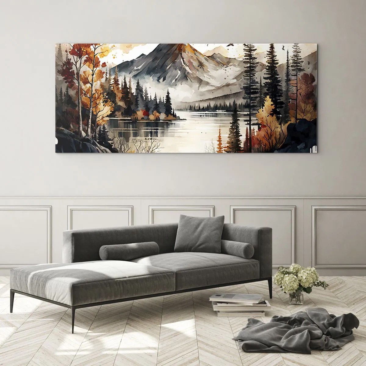 Cuadro sobre vidrio - Impresiones sobre Vidrio - Paisaje otoñal de montaña con lago y árboles en acuarela - 120x50cm - Otoño dorado en las montañas - Decoración de pared moderna para salón y dormitorio ARTTOR