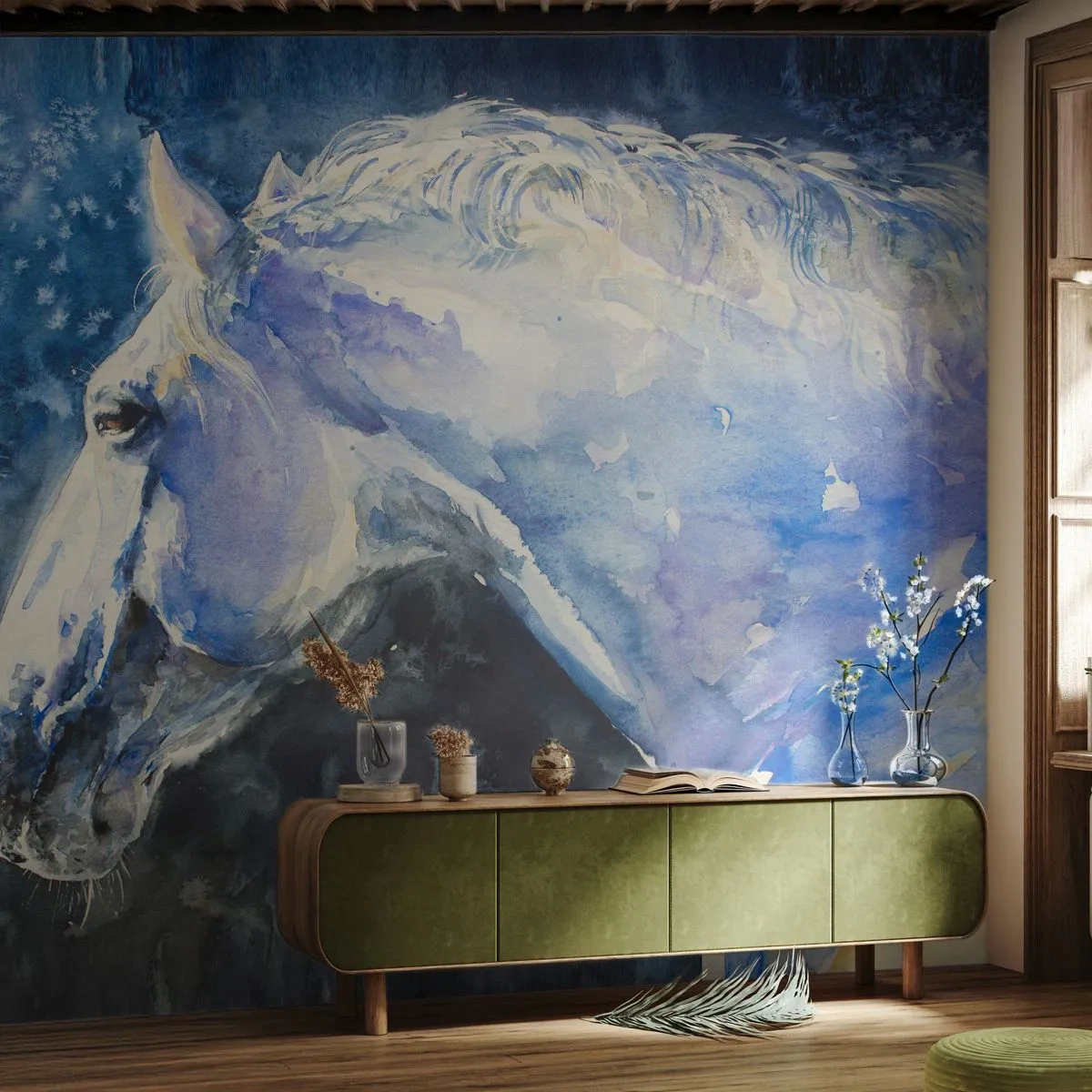 Fotomural Premium Sand - Caballo de acuarela en tonos azules - 100x70cm - Retrato en un resplandor azul - Decoración de pared moderna para salón y dormitorio ARTTOR