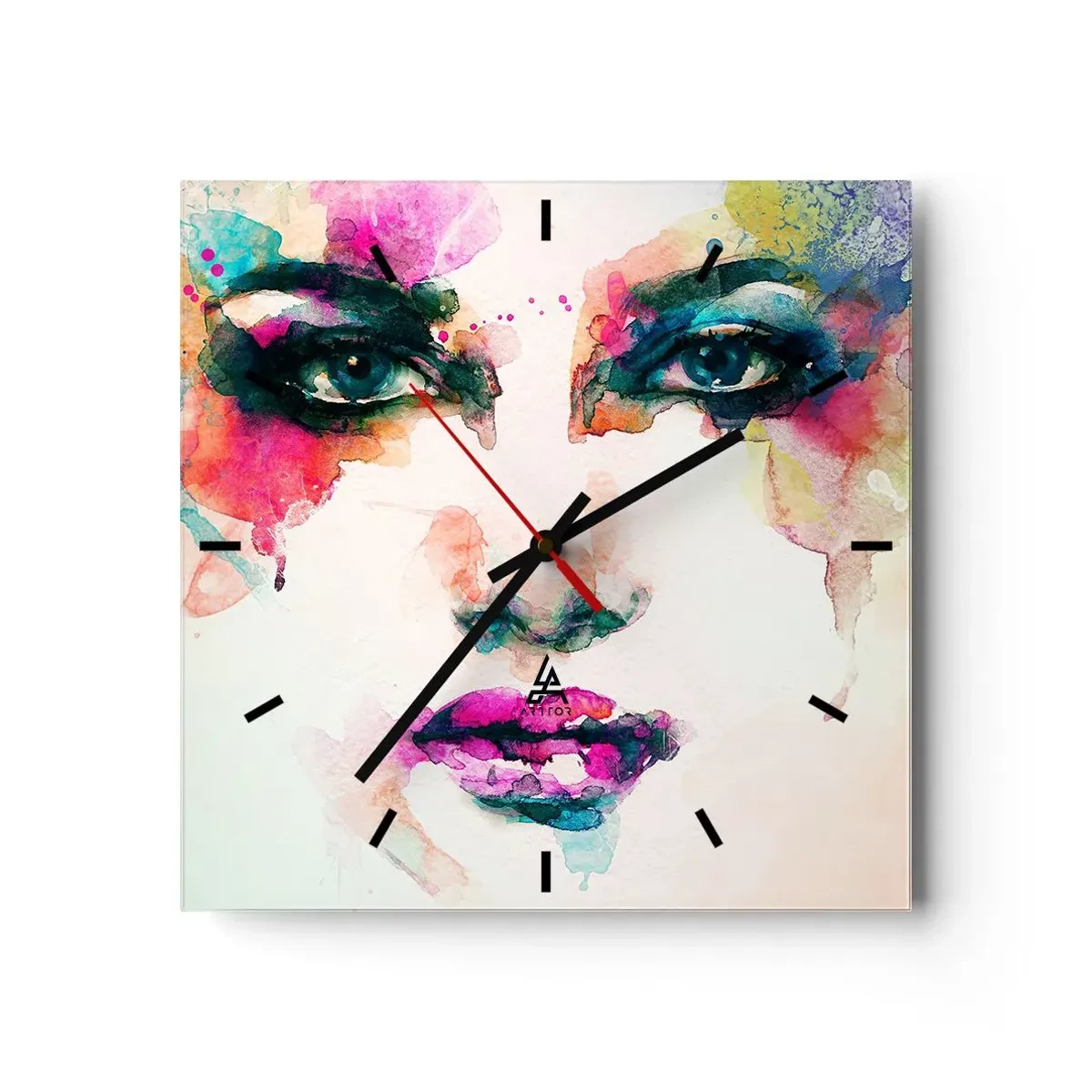 Reloj de pared - Reloj de vidrio - Retrato abstracto de una mujer en colores intensos. - 30x30cm - Retrato en arco iris - Decoración de pared moderna para salón y dormitorio ARTTOR
