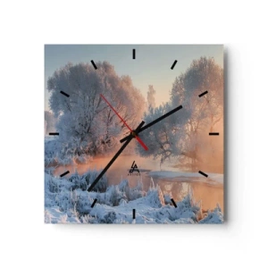 Reloj de pared - Reloj de vidrio - Paisaje invernal con árboles cubiertos de nieve y una puesta de sol. - 30x30cm - Brillo cristalino - Decoración de pared moderna para salón y dormitorio ARTTOR