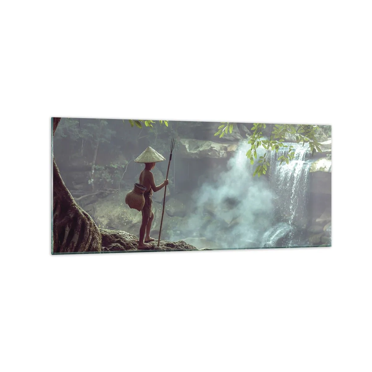 Cuadro sobre vidrio - Impresiones sobre Vidrio - Una figura con una lanza en una cascada en un bosque tropical. - 120x50cm - Amistad con la naturaleza - Decoración de pared moderna para salón y dormitorio ARTTOR