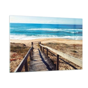 Cuadro sobre vidrio - Impresiones sobre Vidrio - Camino de madera que conduce a la playa con vistas al mar. - 120x80cm - ¡Corre! - Decoración de pared moderna para salón y dormitorio ARTTOR