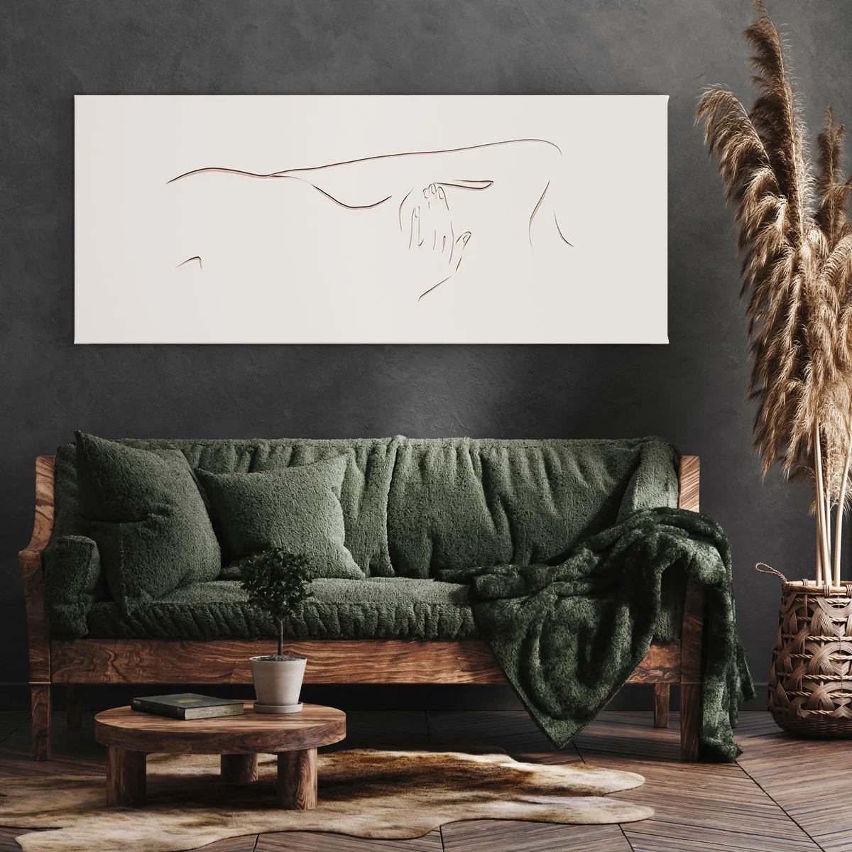 Cuadro sobre lienzo - Impresión de Imagen - Un dibujo lineal sutil de una silueta sobre un fondo claro. - 160x50cm - La forma del deseo - Decoración de pared moderna para salón y dormitorio ARTTOR