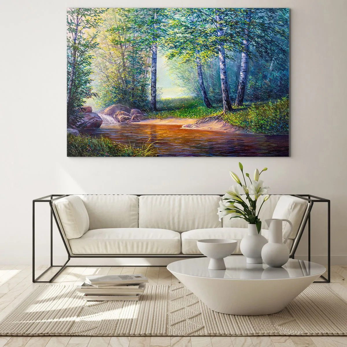 Cuadro sobre vidrio - Impresiones sobre Vidrio - Un arroyo forestal rodeado de árboles bajo los rayos del sol. - 100x70cm - Paisaje idílico - Decoración de pared moderna para salón y dormitorio ARTTOR