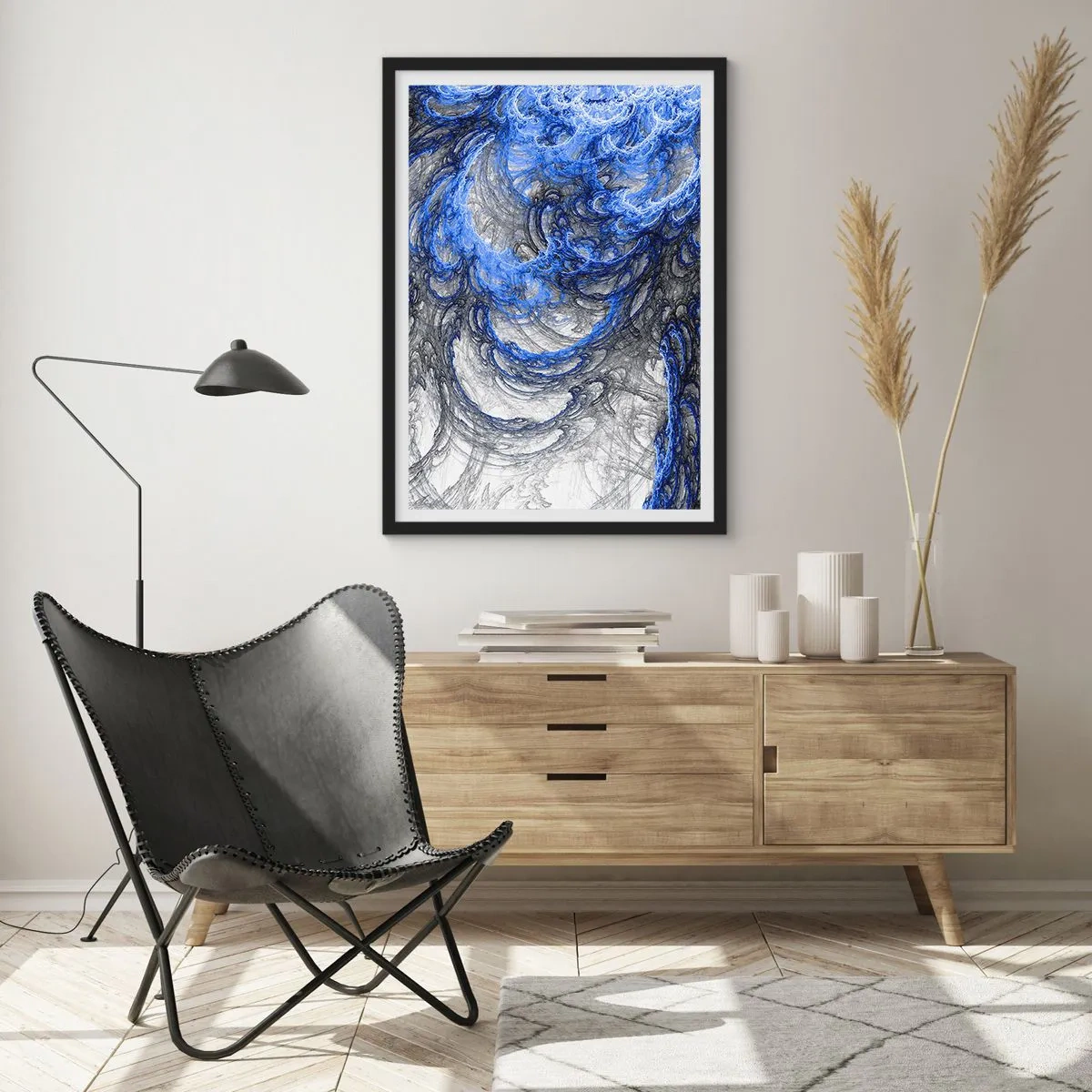 Póster en marco negro - Ondas abstractas en tonos azules y grises - 50x70cm - El nacimiento de una ola - Decoración de pared moderna para salón y dormitorio ARTTOR