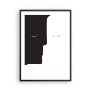 Póster en marco negro - Un gráfico minimalista de dos caras en blanco y negro que crean una unidad. - 50x70cm - Unidad de los opuestos - Decoración de pared moderna para salón y dormitorio ARTTOR